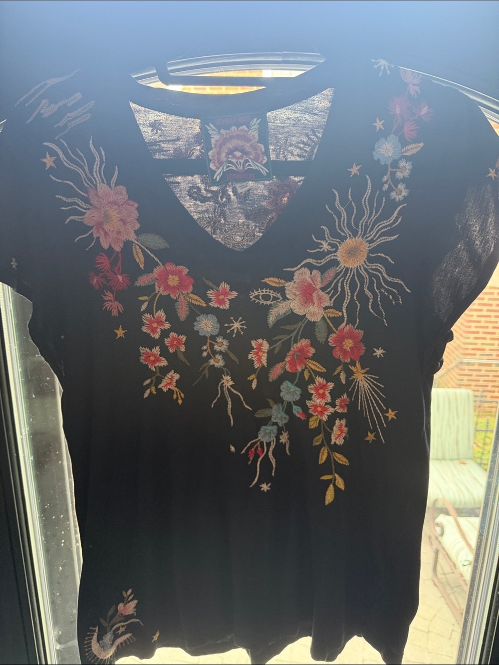 Johnny Was Black Short-Sleeve V-Neck Top with Multicolor Floral Embroidery